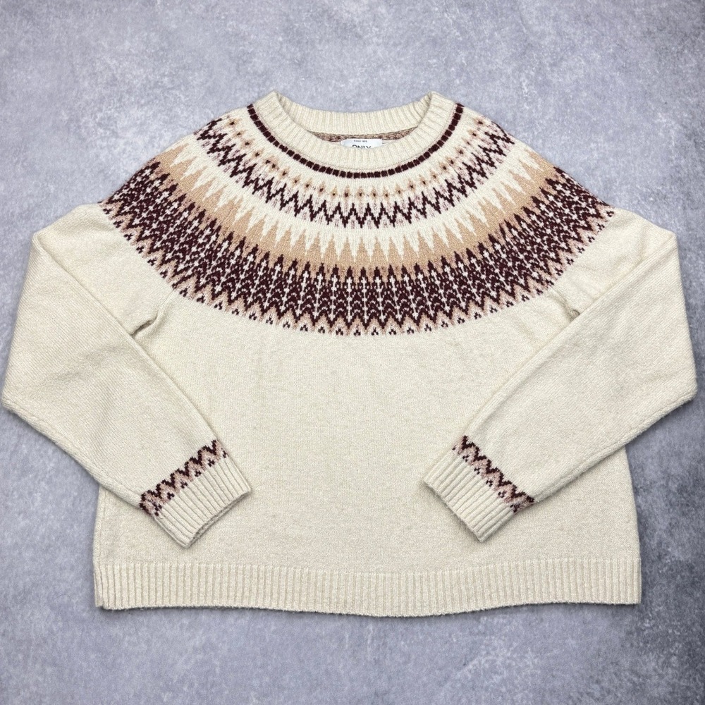 ONLY onlEYLA Womens Large Cream Burgundy Fair Isle Metallic Sweater 15183706 L